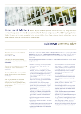 Prominent Matters Walder Wyss's One-Firm Approach Ensures That Our