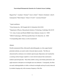 1 Narrowband Metamaterial Absorber for Terahertz Secure Labeling