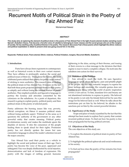 Recurrent Motifs of Political Strain in the Poetry of Faiz Ahmed Faiz