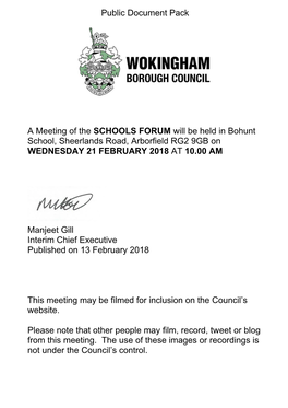 (Public Pack)Agenda Document for Schools Forum, 21/02/2018 10:00