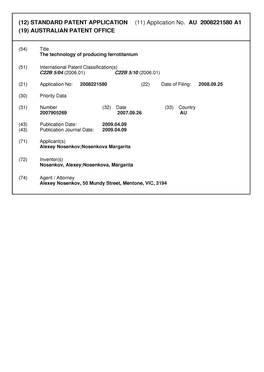 Application No. AU 2008221580 Al (19) AUSTRALIAN PATENT OFFICE