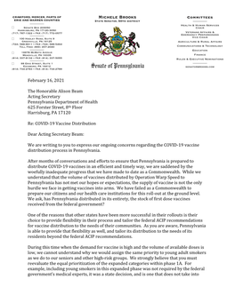 February 16, 2021 the Honorable Alison Beam Acting Secretary Pennsylvania Department of Health 625 Forster Street, 8Th Floor