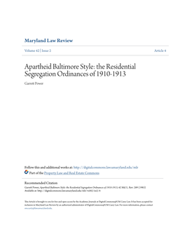 Apartheid Baltimore Style: the Residential Segregation Ordinances of 1910-1913 Garrett Op Wer