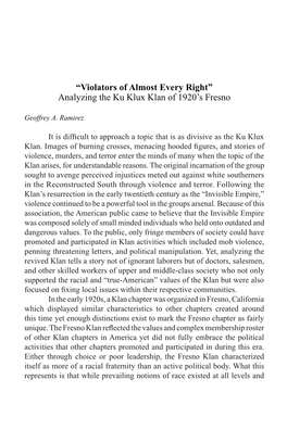 “Violators of Almost Every Right” Analyzing the Ku Klux Klan of 1920’S Fresno