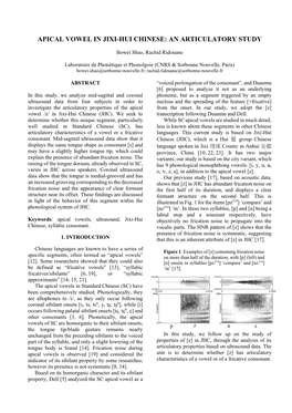 Apical Vowel in Jixi-Hui Chinese: an Articulatory Study