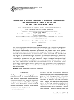 Hemoparasites of the Genus Trypanosoma (Kinetoplastida: Trypanosomatidae) and Hemogregarines in Anurans of the São Paulo and Mato Grosso Do Sul States – Brazil