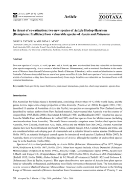 Zootaxa, in Threat of Co-Extinction: Two New Species of Acizzia Heslop-Harrison