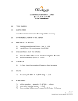 REGULAR COUNCIL MEETING AGENDA June 24, 2019 – 2:00 PM COUNCIL CHAMBERS