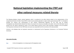 National Legislation Implementing the CTBT and Other National Measures Related Thereto