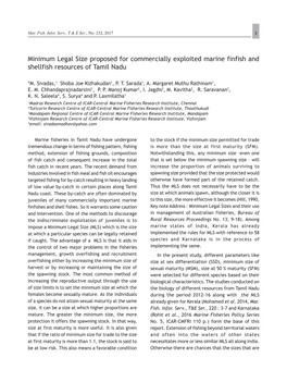 Minimum Legal Size Proposed for Commercially Exploited Marine Finfish and Shellfish Resources of Tamil Nadu