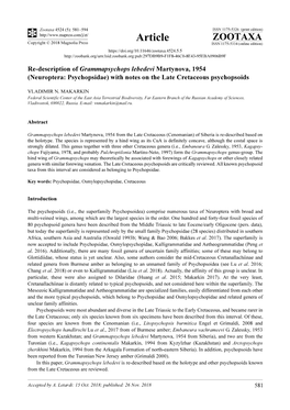 (Neuroptera: Psychopsidae) with Notes on the Late Cretaceous Psychopsoids