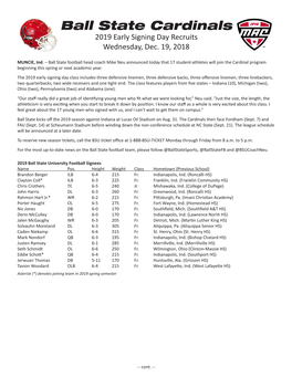 Ball State Cardinals 2019 Early Signing Day Recruits Wednesday, Dec