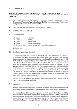 Trichechus Manatus) Populations Between Honduras and Panama in Appendixes I and II of the Convention on the Conservation of Migratory Species of Wild Animals (CMS)