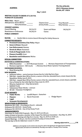 AGENDA 406 N. Cheyenne Avenue Hardin, MT 59034 May 7,2019