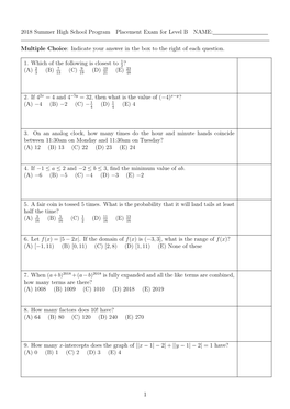 2018 Summer High School Program Placement Exam for Level B NAME