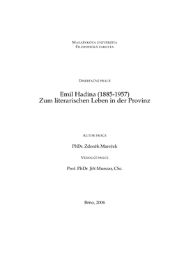 Emil Hadina (1885-1957) Zum Literarischen Leben in Der Provinz