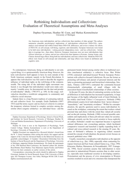 Rethinking Individualism and Collectivism: Evaluation of Theoretical Assumptions and Meta-Analyses