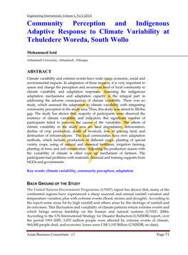 Community Perception and Indigenous Adaptive Response to Climate Variability at Tehuledere Woreda, South Wollo