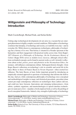 Wittgenstein and Philosophy of Technology: Introduction