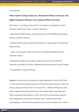 White-Tailed Sea Eagle (Haliaeetus Albicilla) Die-Off Due to Infection With