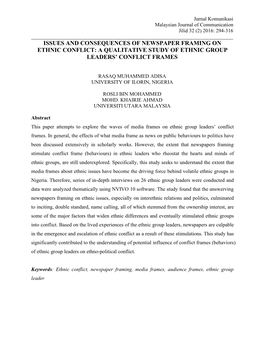 Issues and Consequences of Newspaper Framing on Ethnic Conflict: a Qualitative Study of Ethnic Group Leaders’ Conflict Frames