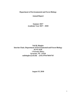 Department of Environmental and Forest Biology Annual Report Summer 2017 Academic Year 2017 – 2018 Neil H. Ringler Interim