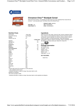 Cinnamon Chex™ Bowlpak Cereal Print View | General Mills Convenience and Foodser