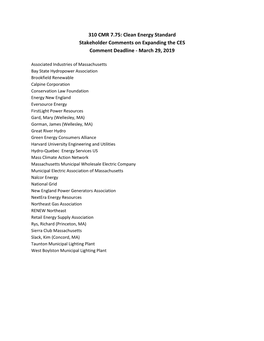 310 CMR 7.75 April 2019 List of Stakeholder Comments On
