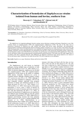 Characterization of Hemolysins of Staphylococcus Strains Isolated from Human and Bovine, Southern Iran