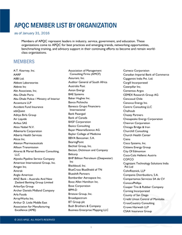 APQC MEMBER LIST by ORGANIZATION As of January 31, 2016