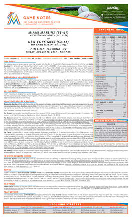 Miami Marlins (58-61) Lhp Justin Nicolino (1-1, 4.56) Marlins Vs