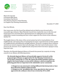 Mayor Eric Garcetti Counclman Mike Bonin Councilman Paul Koretz Vince Bertoni, Director of City Planning Los Angeles City Planning Commisioners December 3Rd, 2020