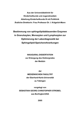 INAUGURAL-DISSERTATION Zur Erlangung Des Doktorgrades Der Medizin