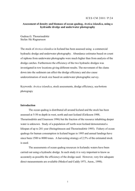 Assessment of Density and Biomass of Ocean Quahog, Arctica Islandica, Using a Hydraulic Dredge and Underwater Photography