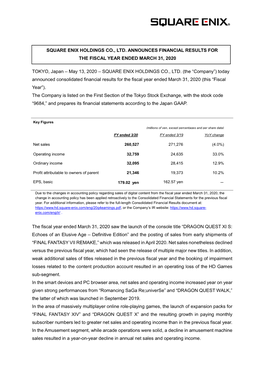 Press Release for Fiscal Year Ended March 31, 2020