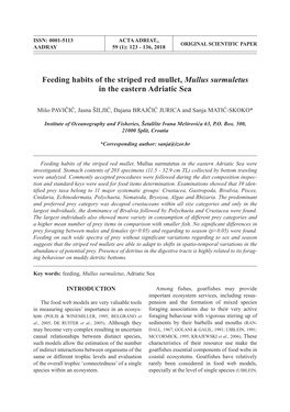 Feeding Habits of the Striped Red Mullet, Mullus Surmuletus in the Eastern Adriatic Sea