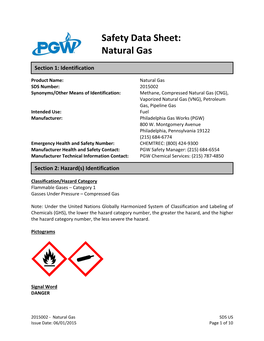 Natural Gas Safety Data Sheet