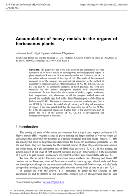 Accumulation of Heavy Metals in the Organs of Herbaceous Plants