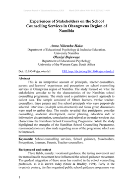 Experiences of Stakeholders on the School Counselling Services in Ohangwena Region of Namibia