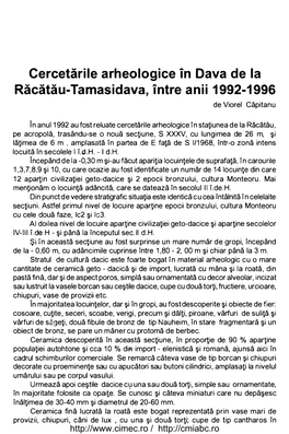 Cercetările Arheologice in Dava De La Răcătău-Tamasidava, Intre Anii 19.92-1996 De Viorel Căpitanu