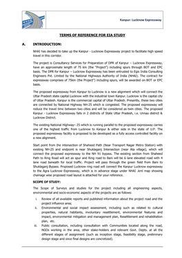 Kanpur- Lucknow Expressway TERMS of REFERENCE for EIA STUDY A. INTRODUCTION