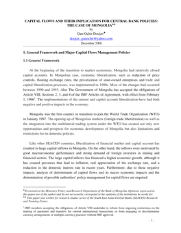 CAPITAL FLOWS and THEIR IMPLICATION for CENTRAL BANK POLICIES: the CASE of MONGOLIA by Gan-Ochir Doojav Doojav Ganochir@Y