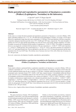 Biotic Potential and Reproductive Parameters of Spodoptera Cosmioides (Walker) (Lepidoptera: Noctuidae) in the Laboratory A