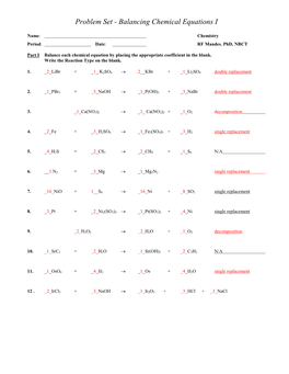 Problem Set - Balancing Chemical Equations I