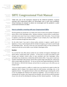 SBTC Congressional Visit Manual Treasurer Virtual Meetings Via Computer Or Phone Are Encouraged Until the Pandemic Is Under Control and Restrictions Are Lifted