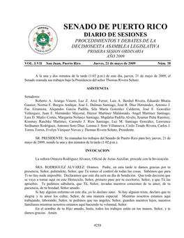 Senado De Puerto Rico Diario De Sesiones Procedimientos Y Debates De La Decimosexta Asamblea Legislativa Primera Sesion Ordinaria Año 2009 Vol