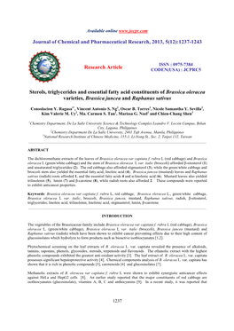 Sterols, Triglycerides and Essential Fatty Acid Constituents of Brassica Oleracea Varieties, Brassica Juncea and Raphanus Sativus