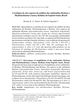 Cariótipos De Oito Espécies De Anfíbios Das Subfamílias Hylinae E Phyllomedusinae (Anura, Hylidae) Do Espírito Santo, Brasil