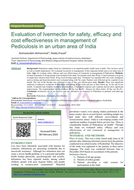 Evaluation of Ivermectin for Safety, Efficacy and Cost Effectiveness in Management of Pediculosis in an Urban Area of India