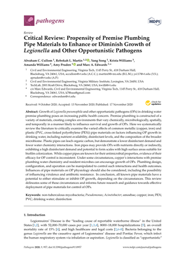 Critical Review: Propensity of Premise Plumbing Pipe Materials to Enhance Or Diminish Growth of Legionella and Other Opportunistic Pathogens